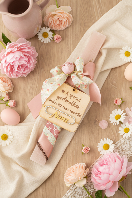 χειροποίητη λαμπάδα χονδρικής για νονά 30 εκ με ξύλινη χάραξη godmother και ατσάλινο βραχιόλι με ζιργκόν So Cute by Dimi