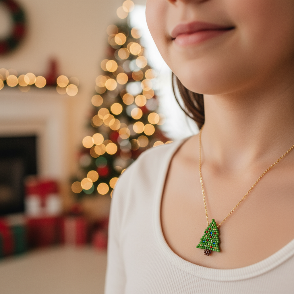 Παιδικό ατσάλινο κολιέ με χάντρες Miyuki σε σχήμα χριστουγεννιάτικου δέντρου – So Cute Wholesale