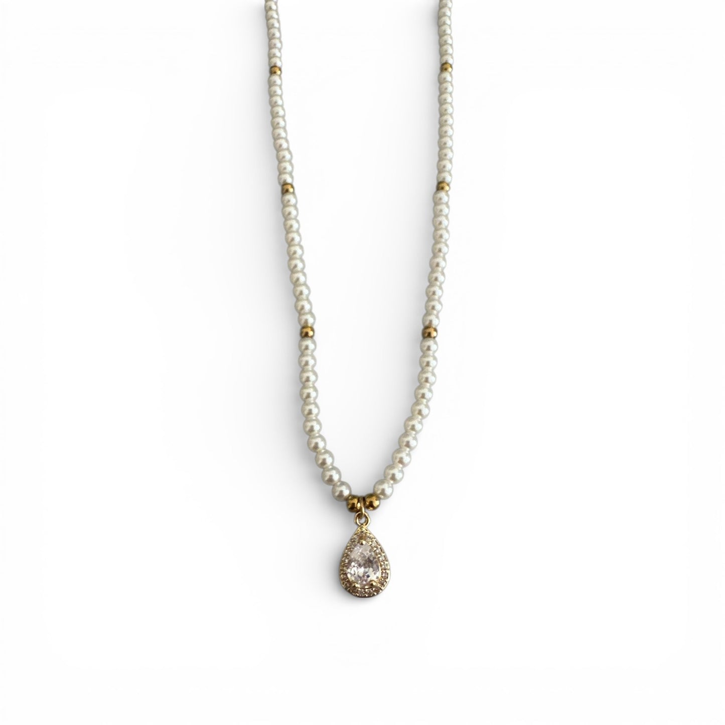 Ατσάλινο κολιέ με πέρλες και κρεμαστή σταγόνα ζιργκόν So Cute by Dimi