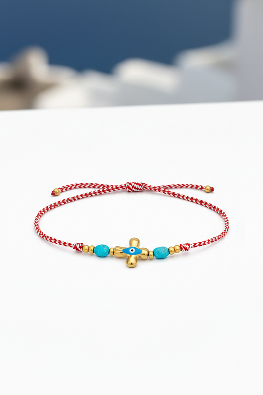 Ατσάλινο βραχιόλι Μάρτης με διπλό κορδόνι, σταυρό με μάτι και τιρκουάζ χάντρες – So Cute by Dimi