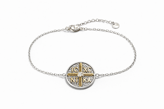 Ατσάλινο βραχιόλι με μοτίφ Κωνσταντινάτο, ανάγλυφη επιφάνεια, χρυσό σταυρό και ζιργκόν | So Cute by Dimi