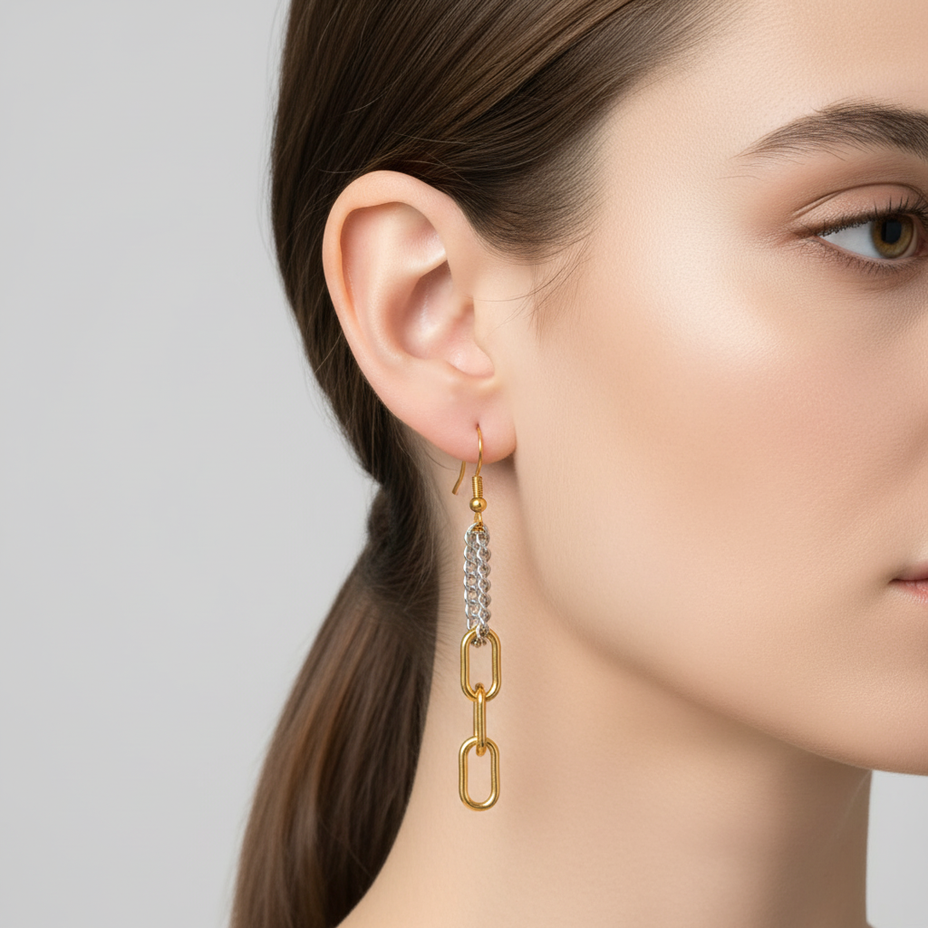 Σκουλαρίκια dual chain διχρωμίας με rectangular κρίκους από ατσάλι – Χονδρική So Cute by Dimi