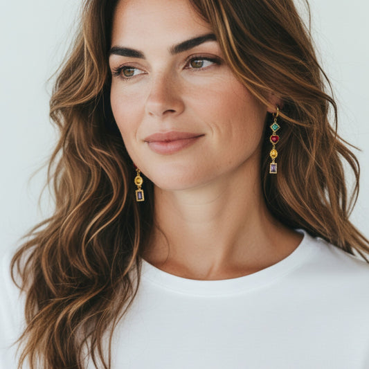 Gold hoop earrings με πολύχρωμα zircon charms (blue, red heart, yellow, purple) – So Cute by Dimi Wholesale