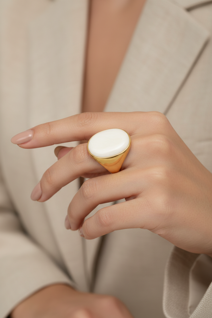 Pearl Queen Ring stainless steel oval mother of pearl effect gold tone So Cute by Dimi