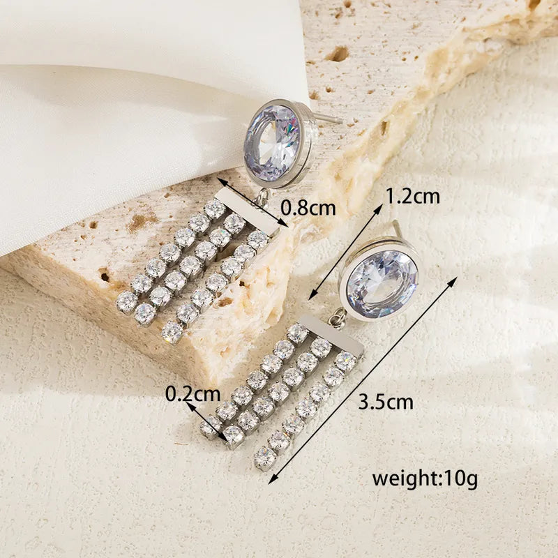 Elegant Round Stainless Steel Zircon Drop Earrings