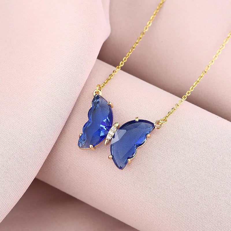 Butterfly Titanium Steel Inlay Crystal Pendant Necklace
