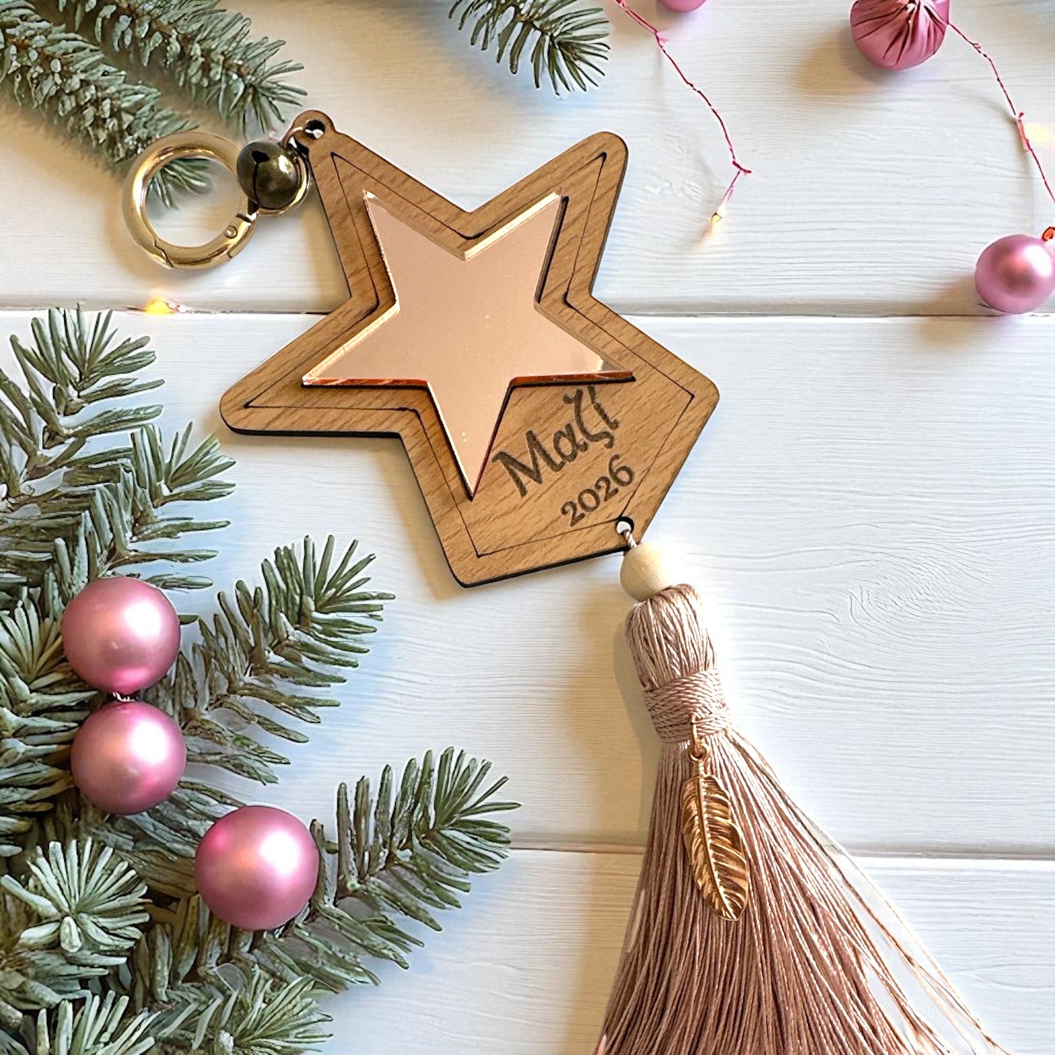 Χειροποίητο γούρι Together Star με ξύλο και ροζ χρυσό καθρέφτη – So Cute by Dimi χονδρική