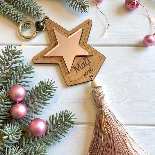 Χειροποίητο γούρι Together Star με ξύλο και ροζ χρυσό καθρέφτη – So Cute by Dimi χονδρική