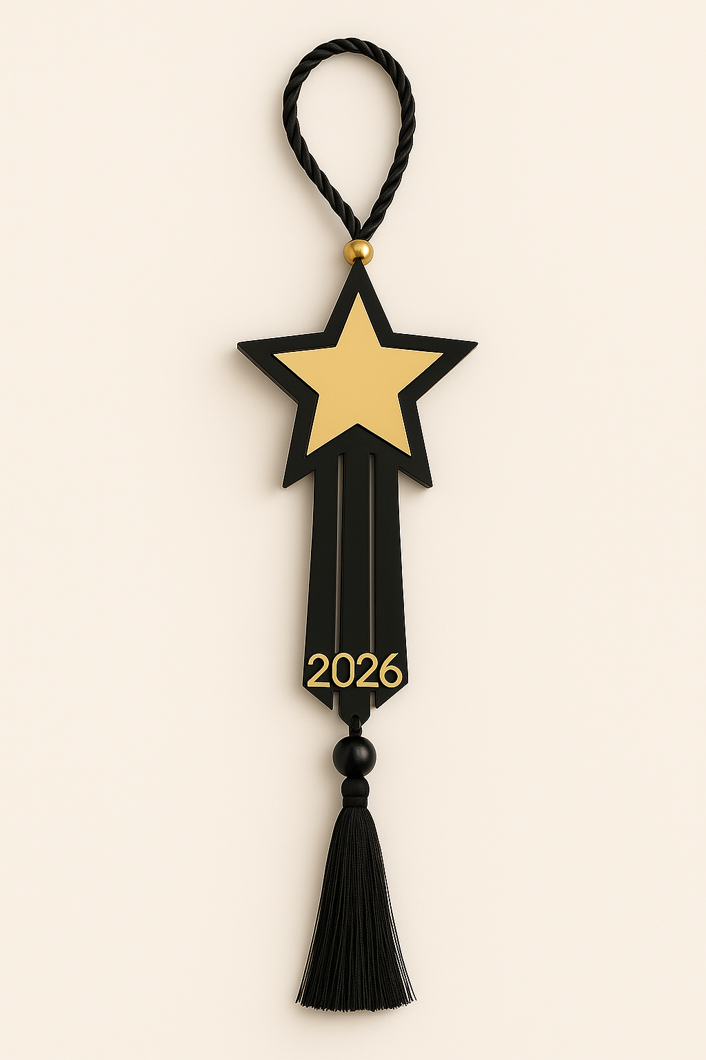 Plexiglass γούρι αστέρι Symbolic Luxe 2026 μαύρο ή λευκό με φούντα — So Cute by Dimi Wholesale