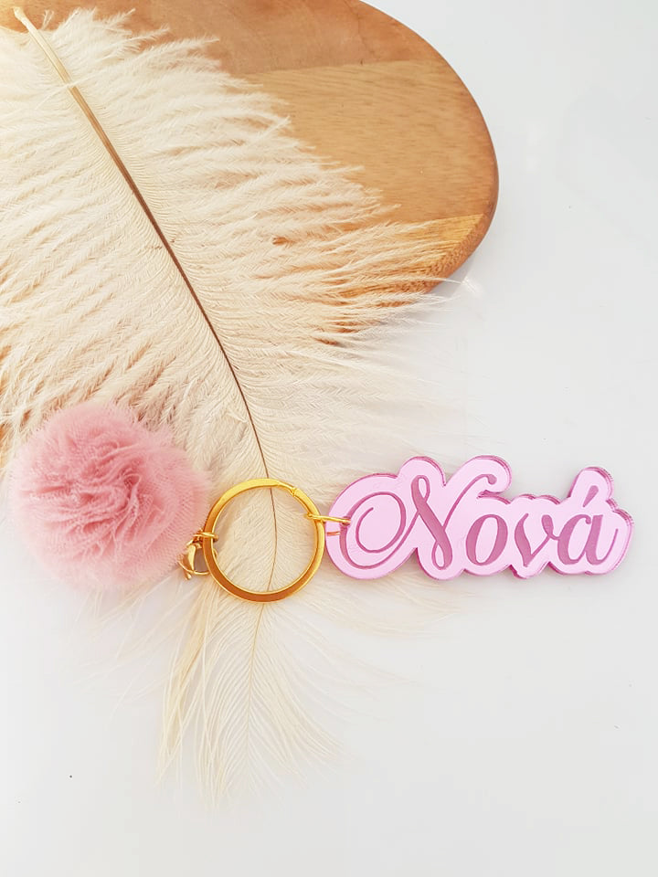 Μπρελόκ καθρέφτης με φουντάκι (μαμά, νονά, θεία, γιαγιά, sister, teacher, όνομα)