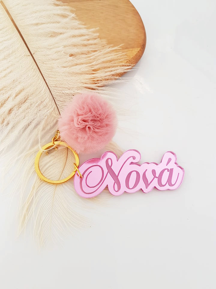 Μπρελόκ καθρέφτης με φουντάκι (μαμά, νονά, θεία, γιαγιά, sister, teacher, όνομα)