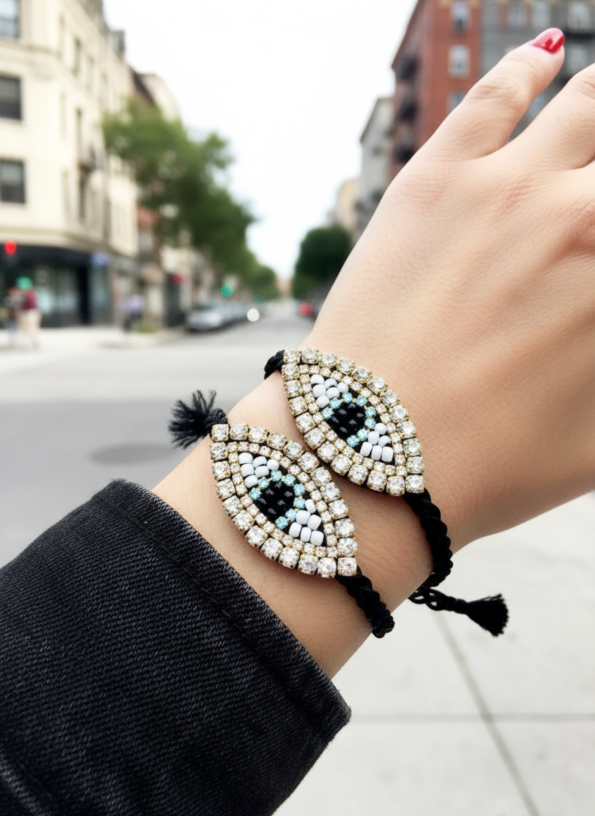 Χειροποίητο βραχιόλι με πλεκτό κορδόνι και μεγάλο μοτίφ ματιού με στρας – Shiny Eye Medium – So Cute by Dimi