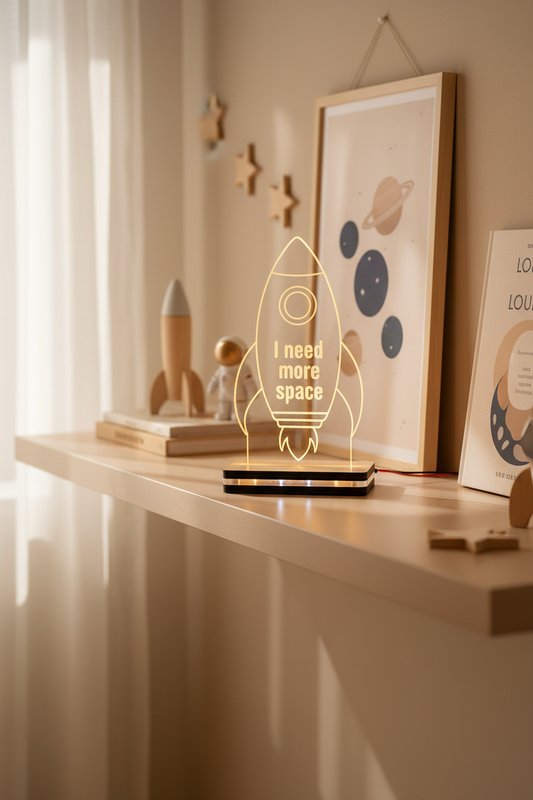 LED φωτιστικό πλεξιγκλάς διαστημόπλοιο με ξύλινη βάση και laser χαραγμένο quote για αγορίστικο δωμάτιο