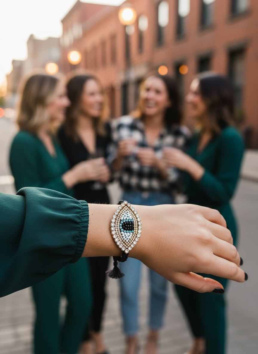 Χειροποίητο βραχιόλι με μεγάλο μοτίφ ματιού με στρας κεντημένο στο χέρι – Shiny Eye Large – So Cute by Dimi