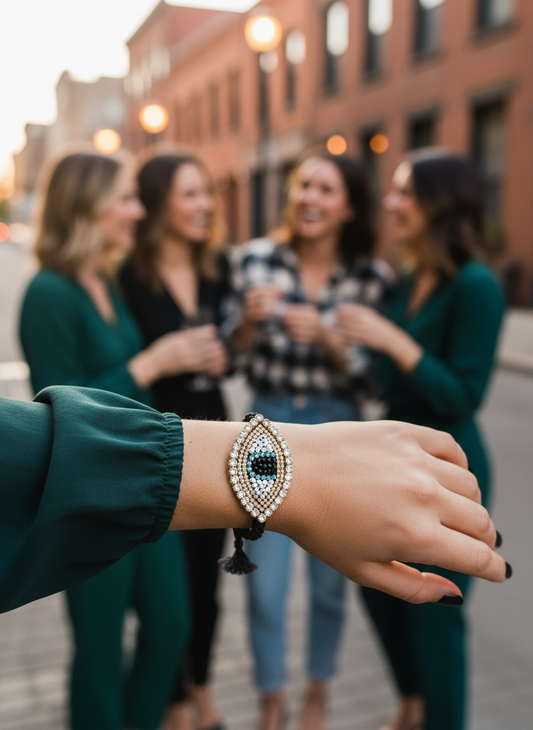 Χειροποίητο βραχιόλι με μεγάλο μοτίφ ματιού με στρας κεντημένο στο χέρι – Shiny Eye Large – So Cute by Dimi