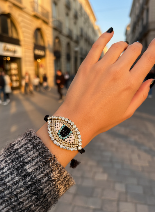 Χειροποίητο βραχιόλι με μεγάλο μοτίφ ματιού με στρας κεντημένο στο χέρι – Shiny Eye Large – So Cute by Dimi