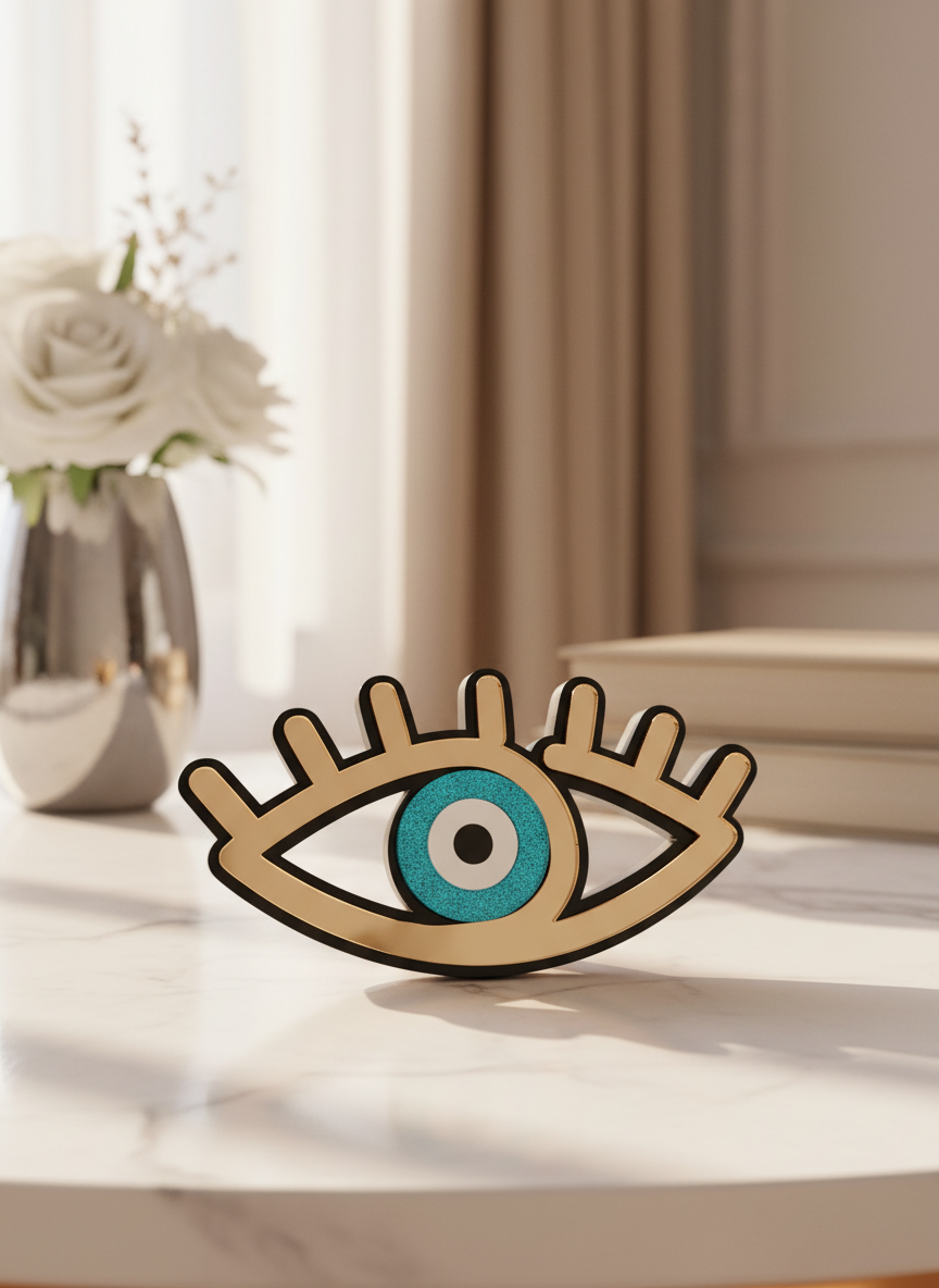 Χονδρικό γούρι μάτι με βλέφαρα από black plexi και mirror acrylic, 7×14 cm