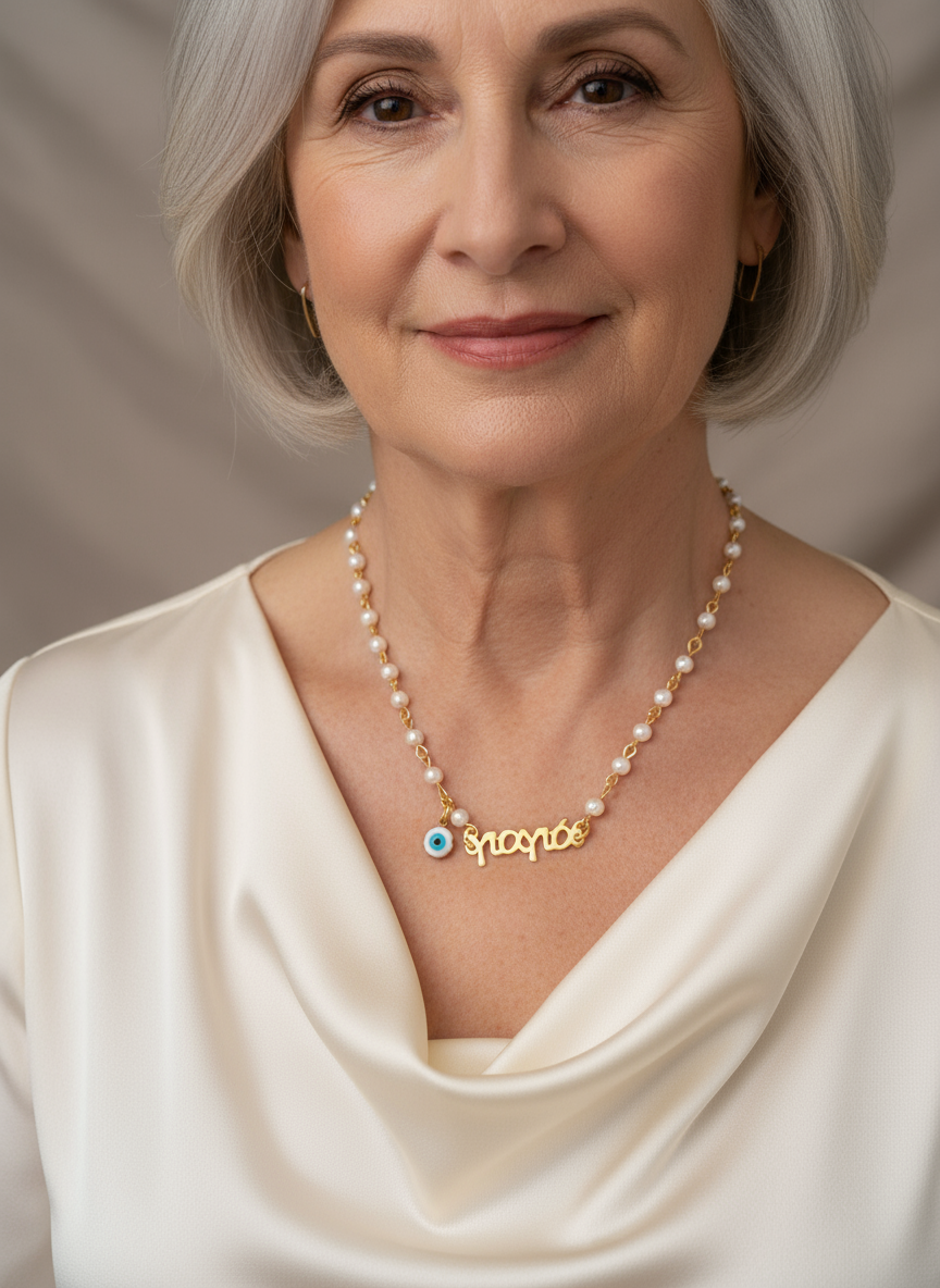 Χειροποίητο κολιέ με πέρλες, ταυτότητα “Γιαγιά” και ματάκι – So Cute by Dimi