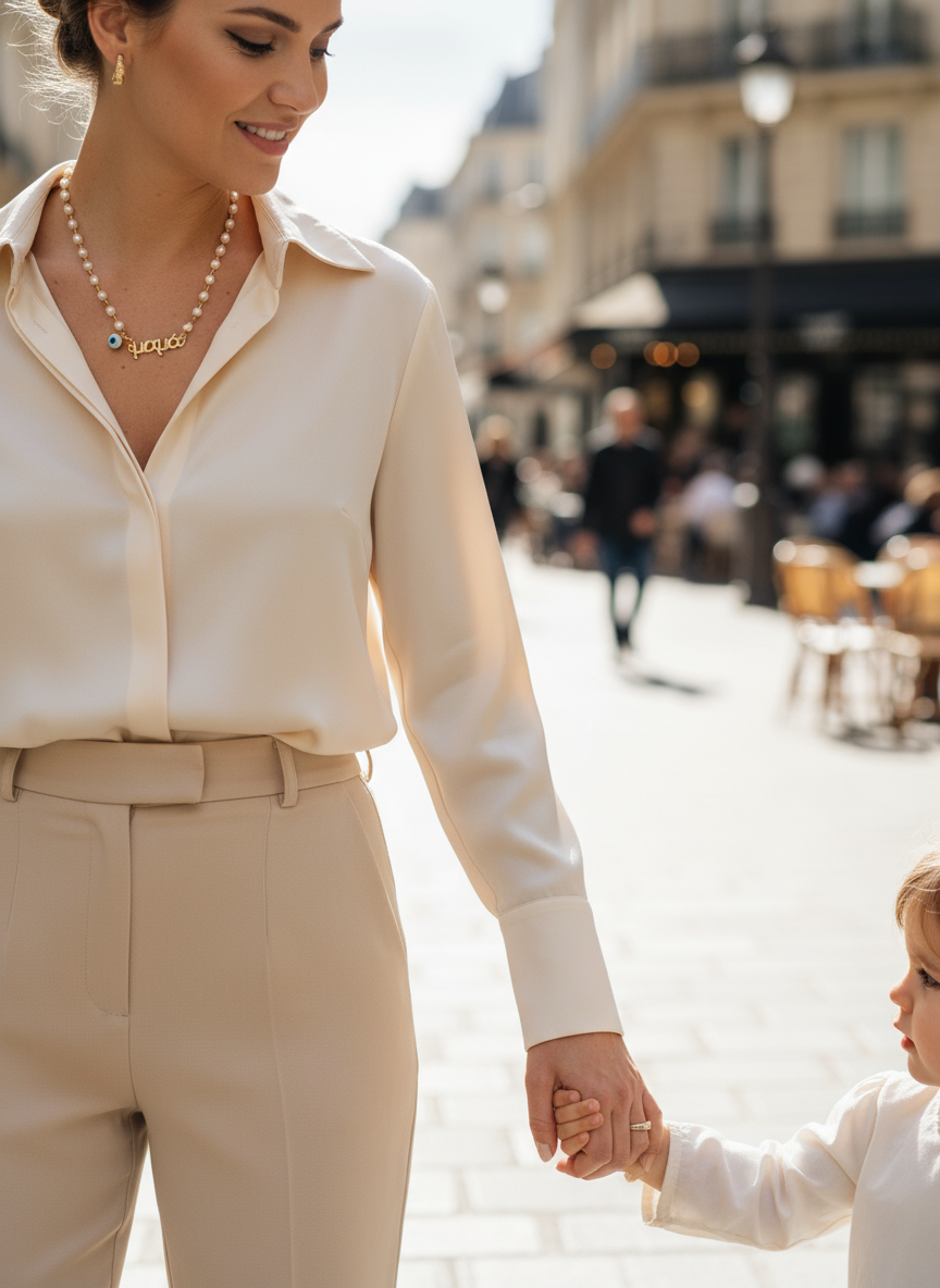 🤍✨ Μαμά Necklace – Χειροποίητο Κολιέ με Πέρλες, Ταυτότητα & Ματάκι