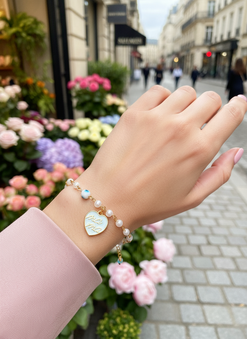 Χειροποίητο βραχιόλι ροζάριο με πέρλες και καρδιά Mama από σμάλτο – So Cute by Dimi