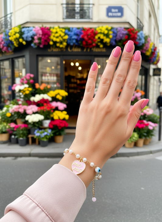 Χειροποίητο βραχιόλι ροζάριο με πέρλες και καρδιά Mama από σμάλτο – So Cute by Dimi