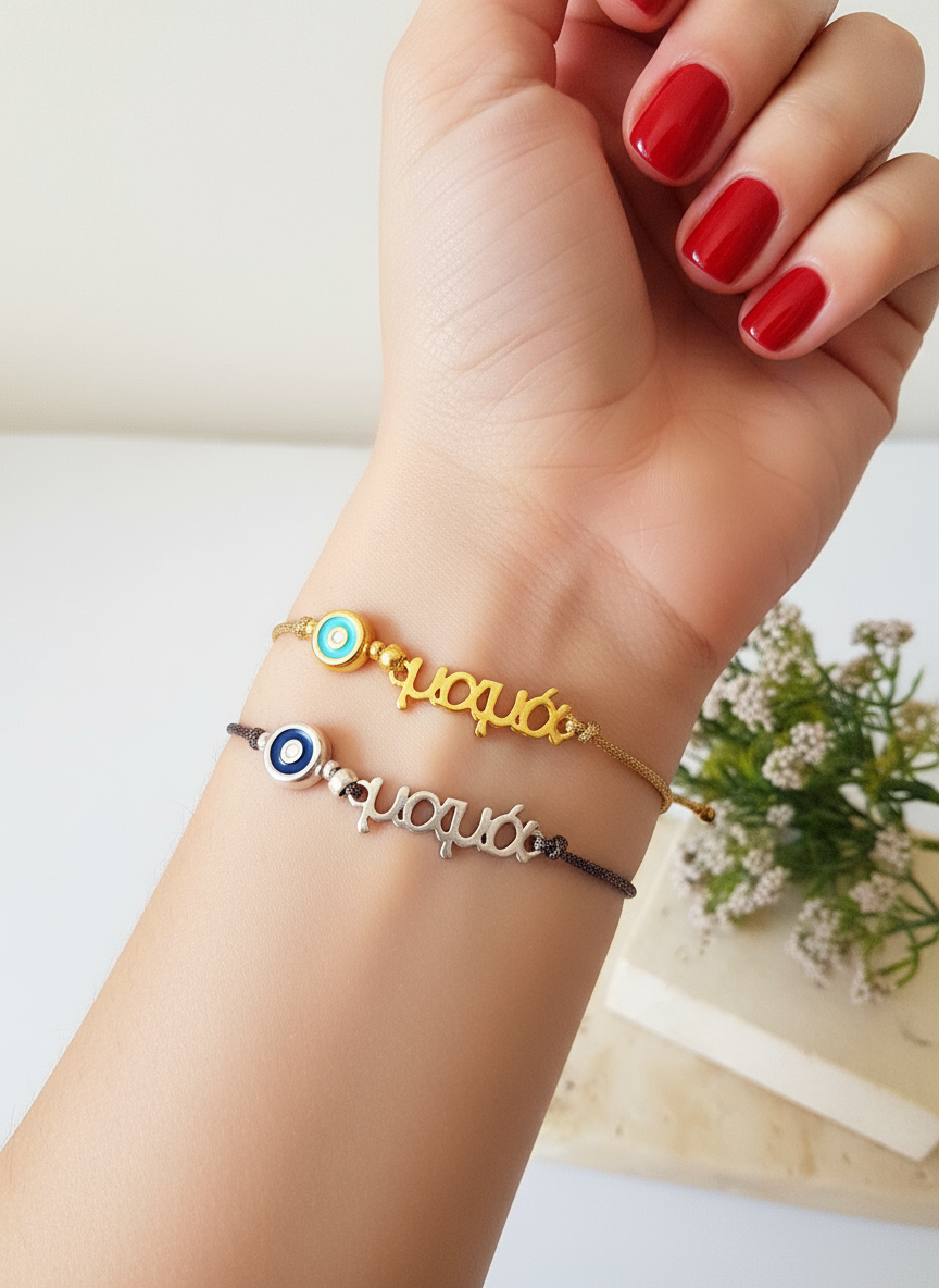 Χειροποίητο βραχιόλι “Μαμά” με μάτι σμάλτο και μεταλλικό κορδόνι – So Cute by Dimi