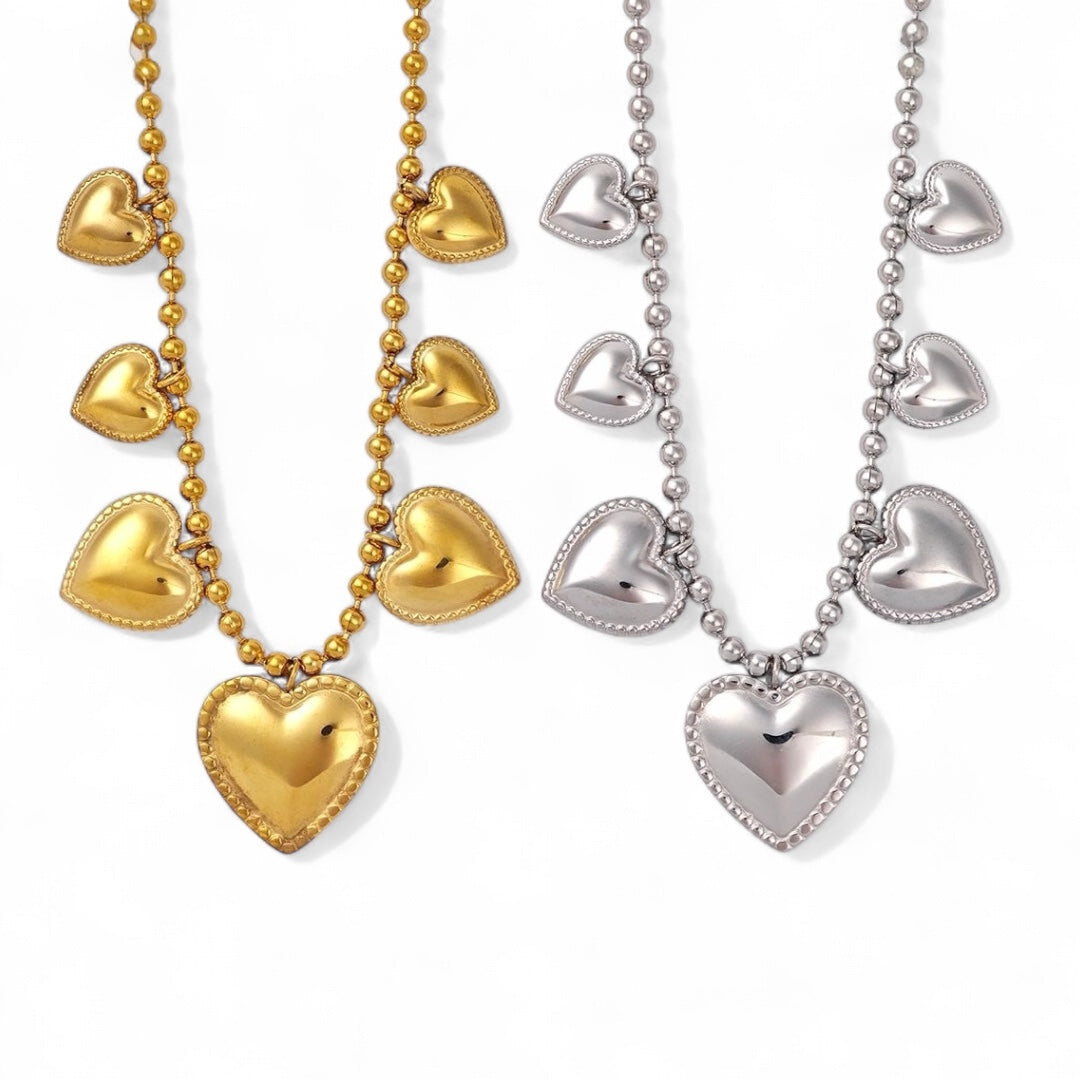 Ατσάλινο κολιέ με μπίλιες και μεταλλικές καρδιές σε χρυσό & ασημί – So Cute by Dimi