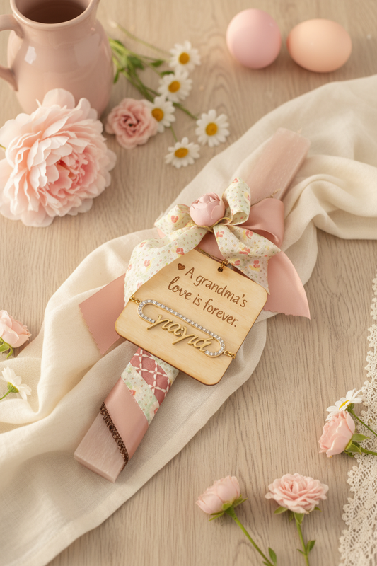 Χειροποίητη πασχαλινή λαμπάδα για γιαγιά με βραχιόλι γιαγιά και ξύλινο σουβέρ με χάραξη σε παστέλ ροζ αποχρώσεις So Cute by Dimi
