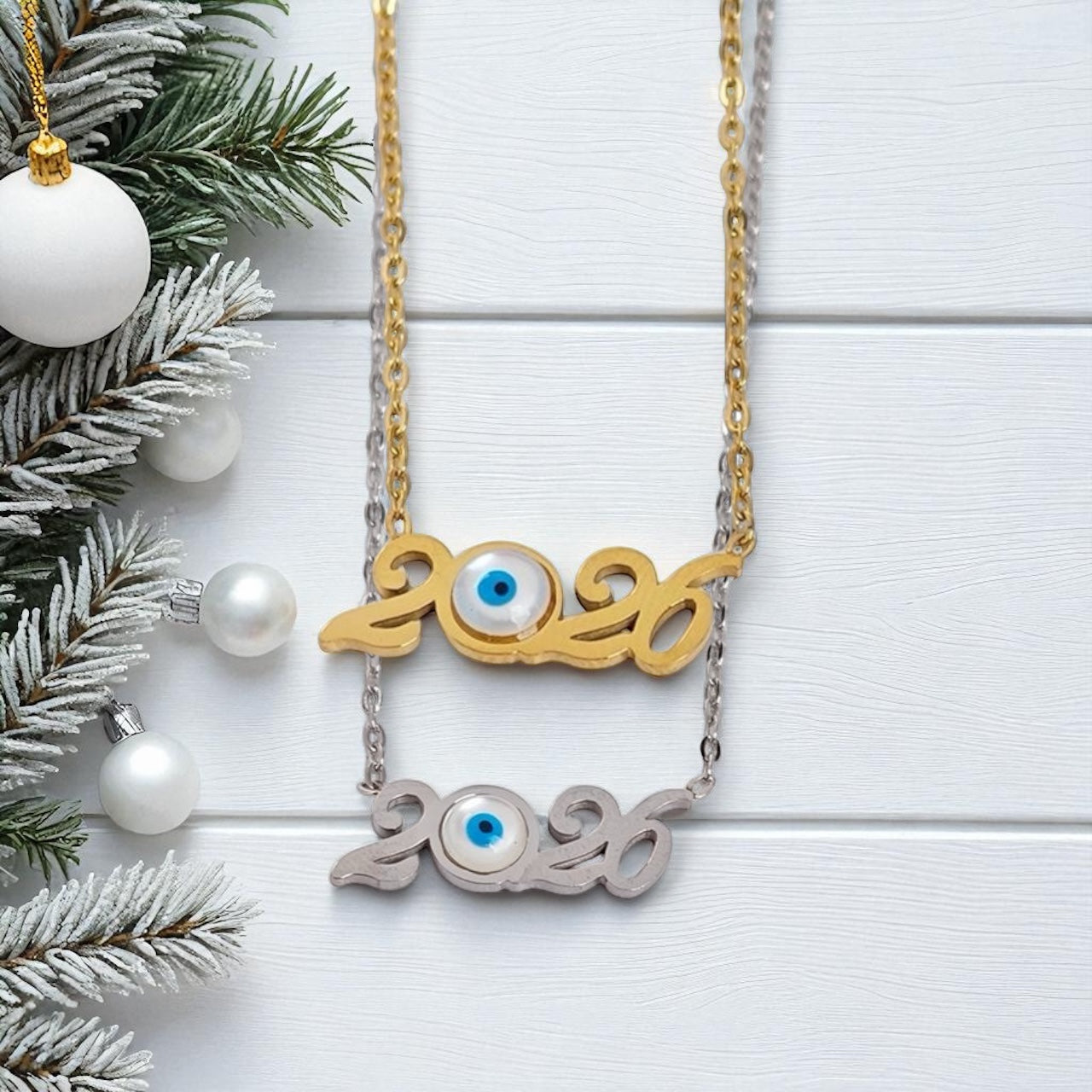 Κολιέ γούρι 2026 από ατσάλι με μάτι σε χρυσό & ασημί – χονδρική So Cute by Dimi