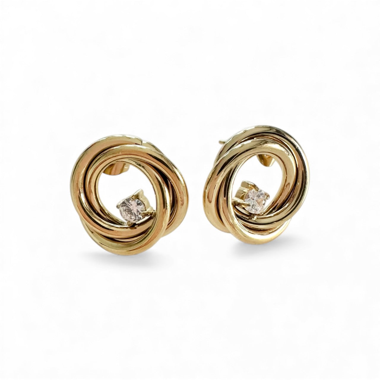 Stainless steel twisted stud earrings with central crystal in gold – So Cute by Dimi.