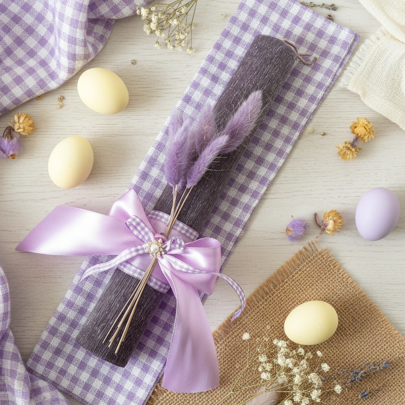 🤍✨ Χειροποίητη Πασχαλινή Λαμπάδα με Μωβ Στάχυ