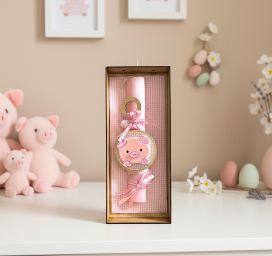 Χειροποίητη πασχαλινή λαμπάδα γουρουνάκι από ξύλο και πλεξιγκλάς για χονδρική So Cute by Dimi