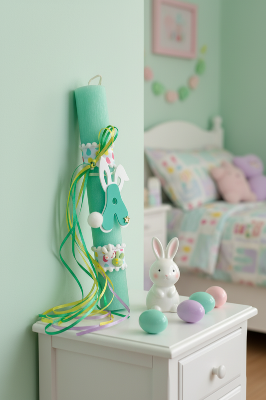 Χειροποίητη πασχαλινή λαμπάδα με μονόγραμμα και αυτάκια λαγού, πολύχρωμες κορδέλες και plexiglass στοιχεία So Cute by Dimi