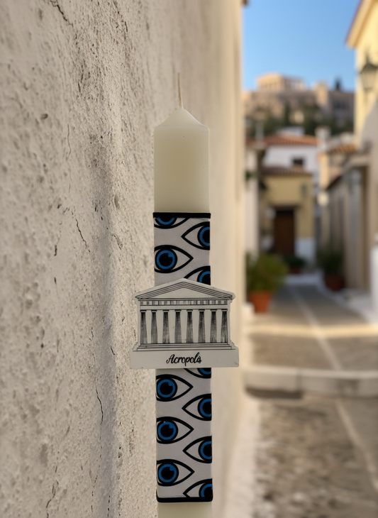 Χειροποίητη πασχαλινή λαμπάδα Greek symbols με μοτίβο μάτια και μαγνητάκι Ακρόπολη από πλεξιγκλάς, κωδικός 4-506-0519 – So Cute by Dimi