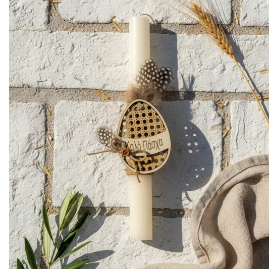 Wholesale handmade Easter candle with wooden egg, natural feathers and rustic country chic aesthetic