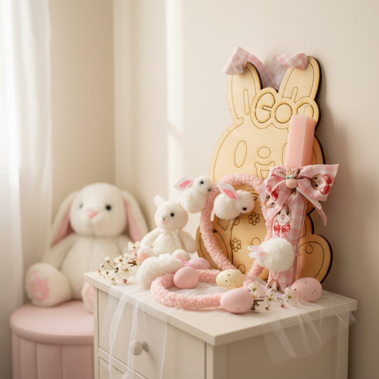Χονδρική πασχαλινή λαμπάδα κουνελάκι με ξύλινη πλάτη και αξεσουάρ μαλλιών – So Cute by Dimi