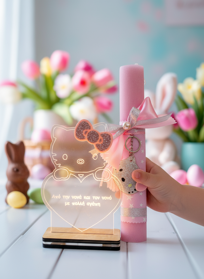 Χειροποίητη λαμπάδα Hello Kitty χονδρική με προαιρετικό φωτιστικό LED – So Cute by Dimi