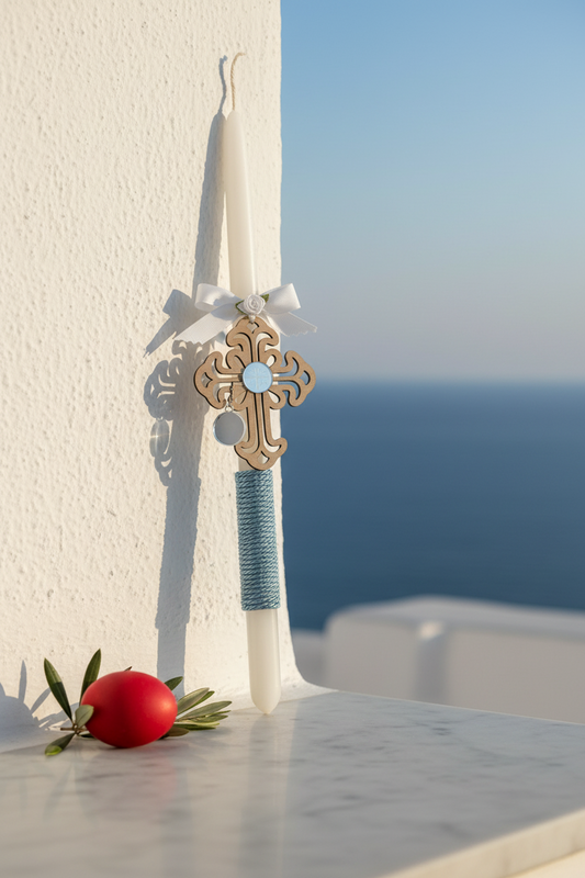 🤍✨ Χειροποίητη Πασχαλινή Λαμπάδα με Ξύλινο Σταυρό & Κωνσταντινάτο