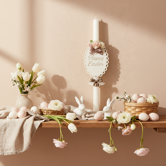 Χειροποίητη πασχαλινή λαμπάδα Happy Easter με ξύλινο οβάλ στοιχείο και ρομαντική διακόσμηση, κωδικός 4-506-0595 – So Cute by Dimi
