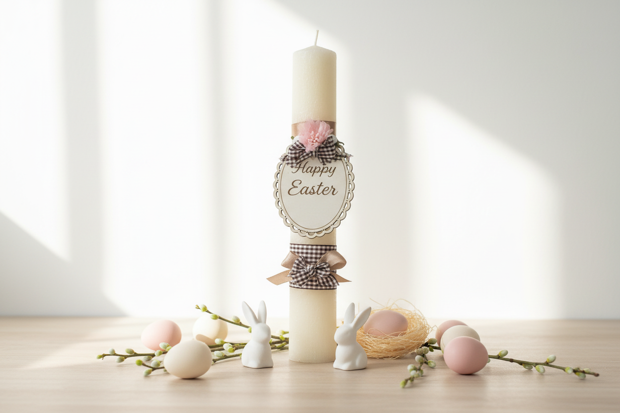 Χειροποίητη πασχαλινή λαμπάδα Happy Easter σε country chic σκηνικό με rustic τοίχο, ξύλινα props και πασχαλινά διακοσμητικά – So Cute by Dimi