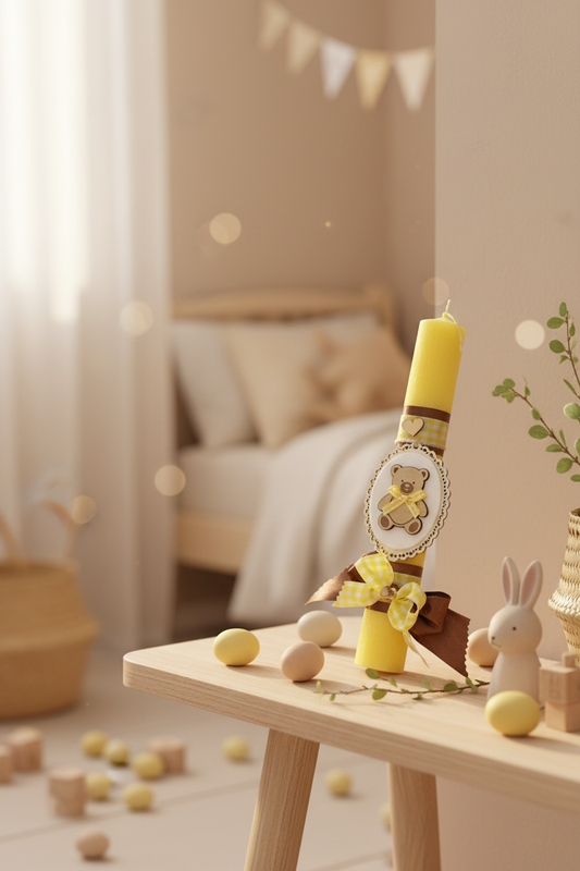 Χειροποίητη πασχαλινή λαμπάδα με αρκουδάκι από ξύλο και πλεξιγκλάς, κίτρινο κερί και χρυσή καρδιά – So Cute by Dimi