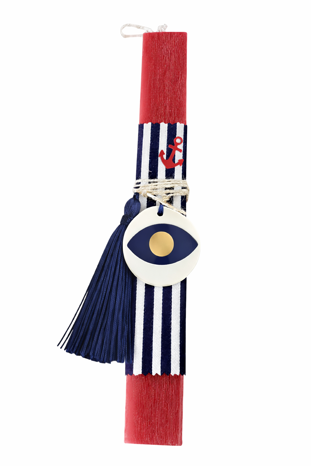 Αρωματική λαμπάδα με ριγέ ύφασμα, γούρι μάτι πλεξιγκλάς και κόκκινη άγκυρα – So Cute by Dimi