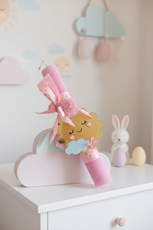 Χειροποίητη αρωματική πασχαλινή λαμπάδα Sunny Dream σε ροζ αποχρώσεις με διακοσμητικό πλεξιγκλάς, pom-pom και σατέν κορδέλες, ύψους 30 εκ – So Cute by Dimi