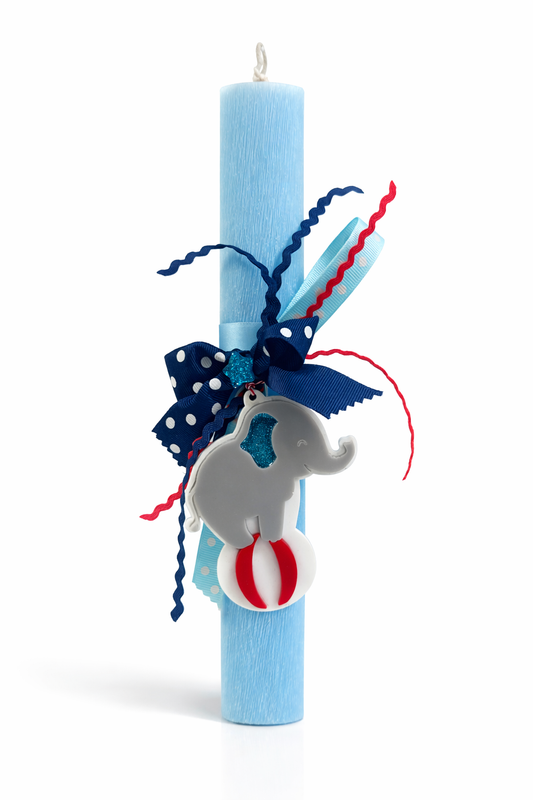 Χειροποίητη παιδική πασχαλινή λαμπάδα με ελεφαντάκι τσίρκου, πολύχρωμες κορδέλες , So Cute by Dimi