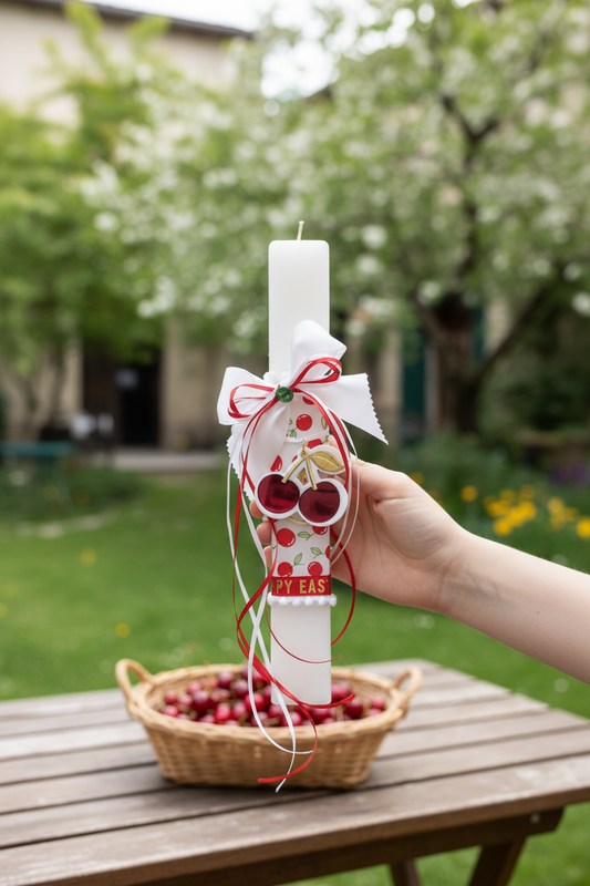 Χειροποίητη πασχαλινή λαμπάδα με cherry print σατέν ύφασμα, σατέν φιόγκους, πράσινο κρύσταλλο και μπρελόκ κεράσι από πλεξιγκλάς. So Cute by Dimi