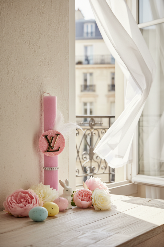 Ροζ χειροποίητη πασχαλινή λαμπάδα με γκλίτερ στοιχείο,plexiglass λογότυπο, στρας και φυσικό φτερό. So Cute by DImi