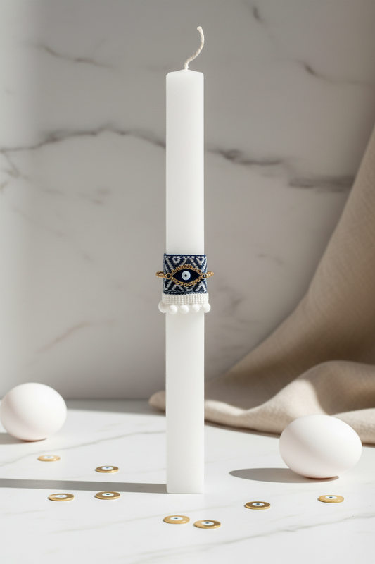 Χειροποίητη πασχαλινή λαμπάδα με ethnic κορδέλα και βραχιόλι με χρυσό μεταλλιζέ κορδόνι και ματάκι σμάλτο 4-506-0625