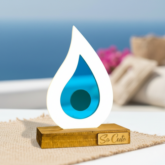 Γούρι σταγόνα plexiglass τυρκουάζ mirror με ξύλινη βάση – Χονδρική So Cute by Dimi