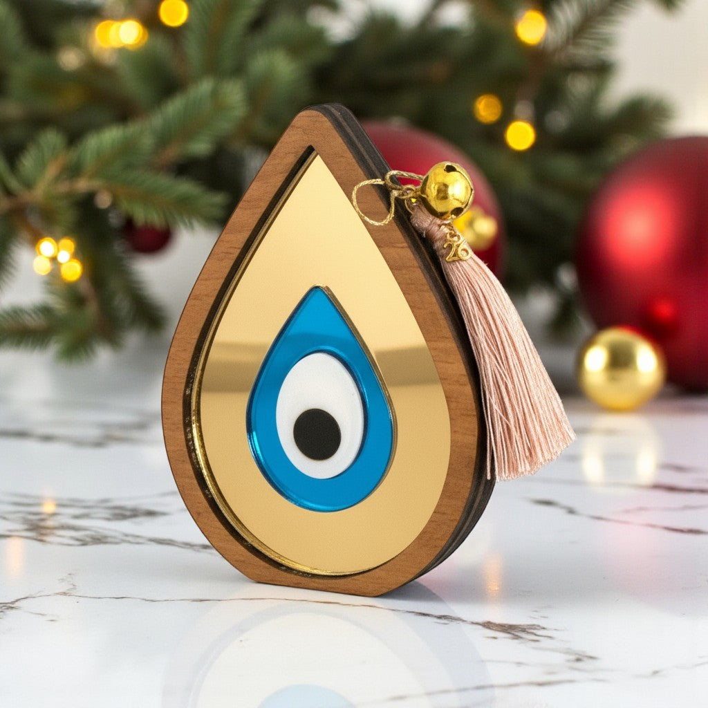 Γούρι επιτραπέζιο σταγόνα μάτι από ξύλο και χρυσό καθρέφτη, χονδρική So Cute by DImi