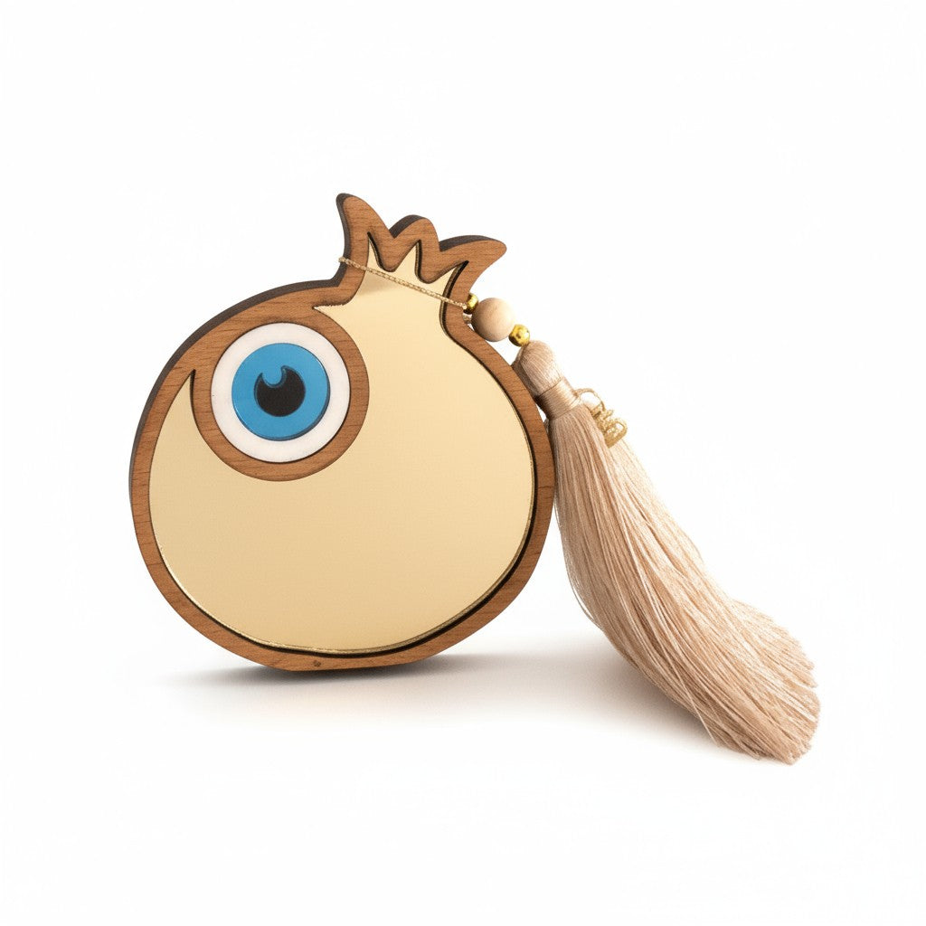 Χονδρική So Cute byi Dimi γούρι ρόδι από ξύλο και πλεξιγκλάς καθρέφτη με μάτι και φούντα